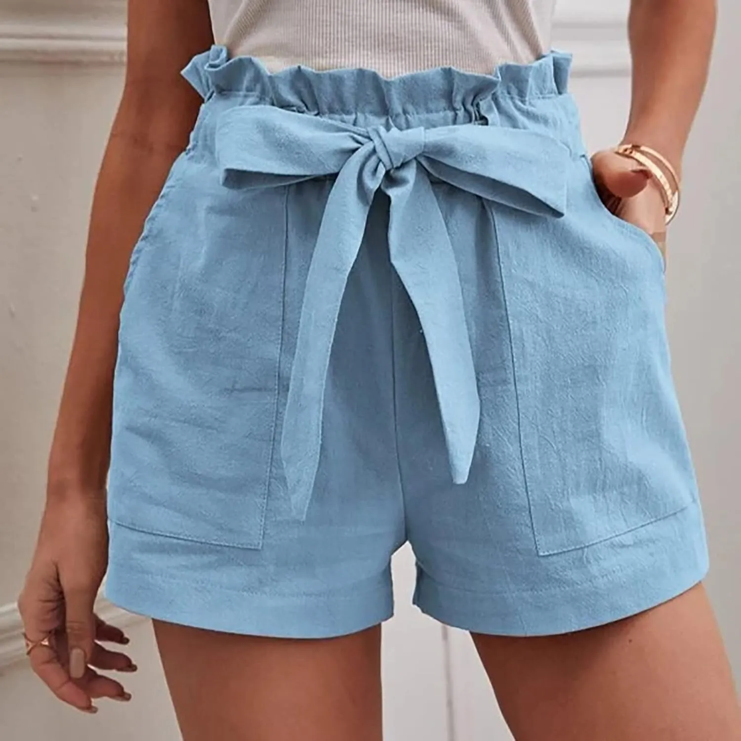 ZDRZK High Waist Paperbag Shorts for Women 2023 Casual Wide Leg Summer Cotton Linen Shorts with Pockets Trendy 2023