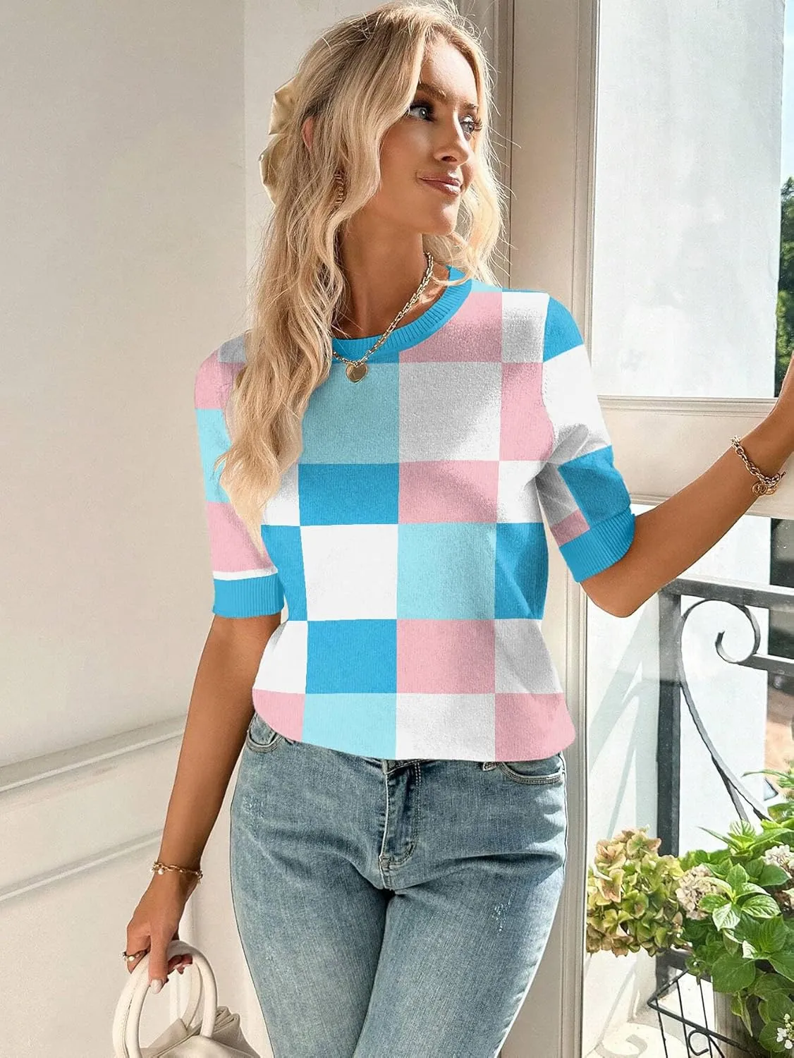 Zeagoo Women Short Sleeve Sweater Summer Crew Neck Dressy Casual Soft Knit Pullover Tops Trendy