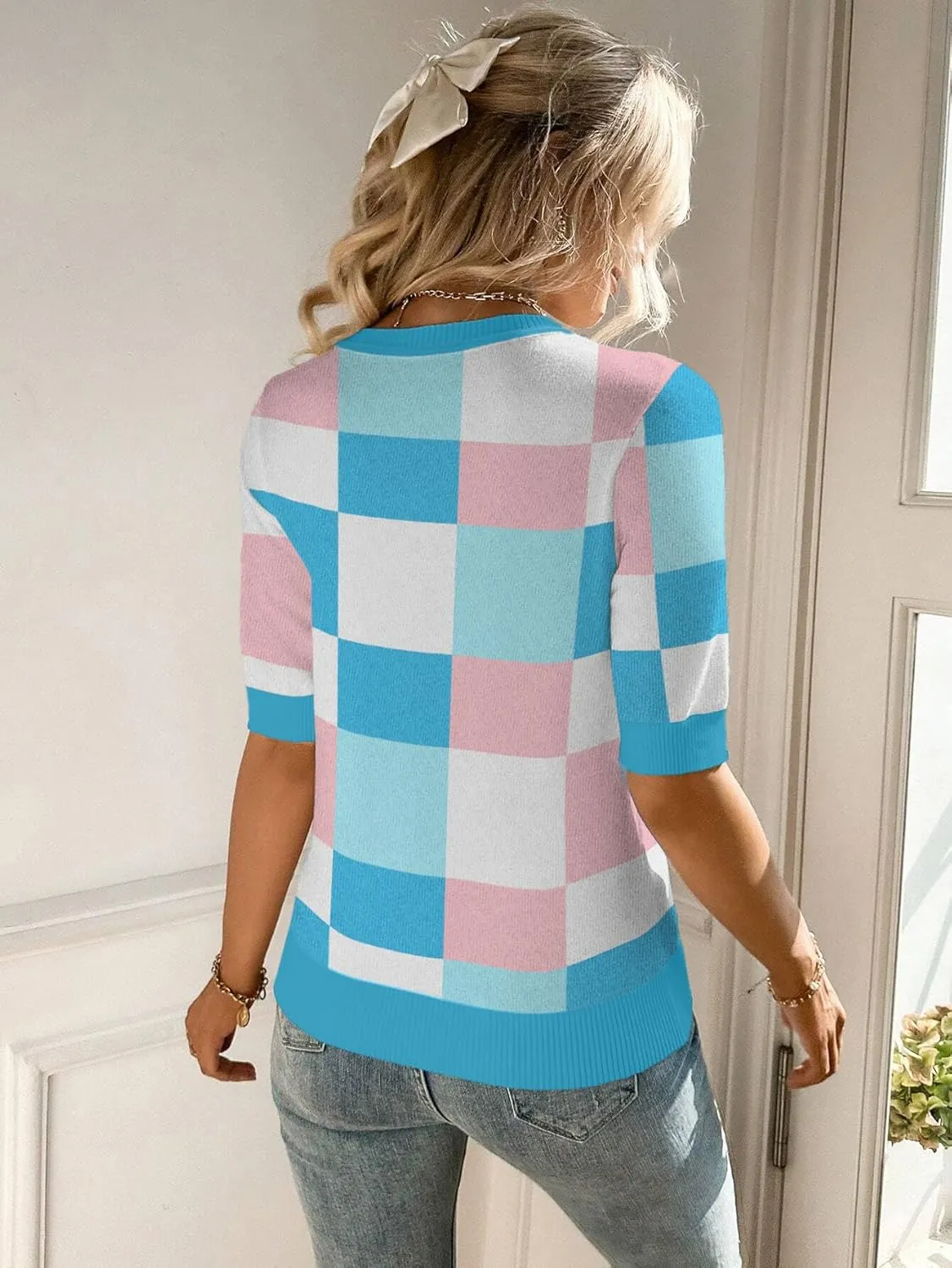 Zeagoo Women Short Sleeve Sweater Summer Crew Neck Dressy Casual Soft Knit Pullover Tops Trendy