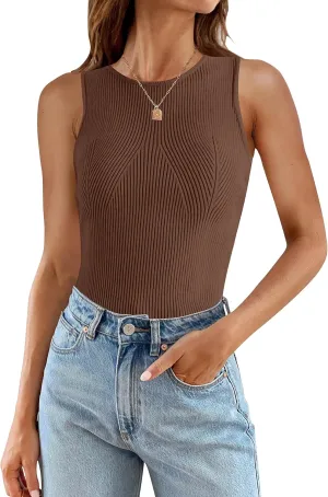 ZESICA Womens 2025 Ribbed Tank Tops Summer Sleeveless High Neck Casual Slim Fitted Basic Knit Shirts