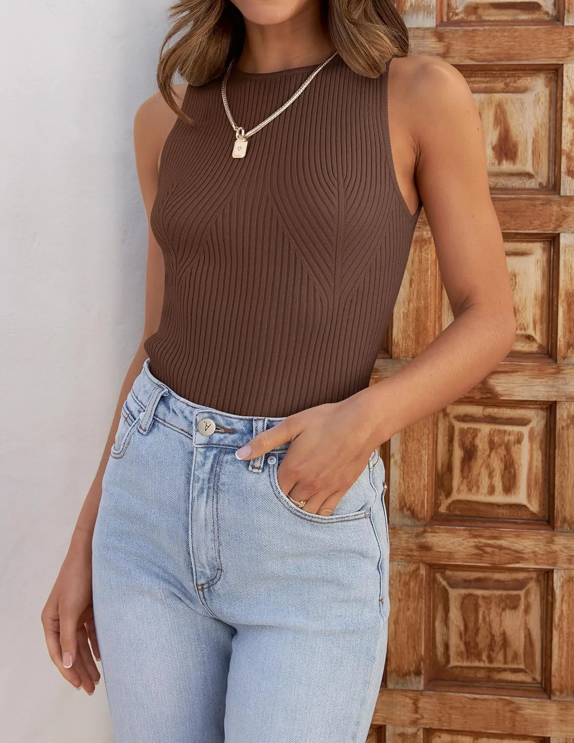 ZESICA Womens 2025 Ribbed Tank Tops Summer Sleeveless High Neck Casual Slim Fitted Basic Knit Shirts