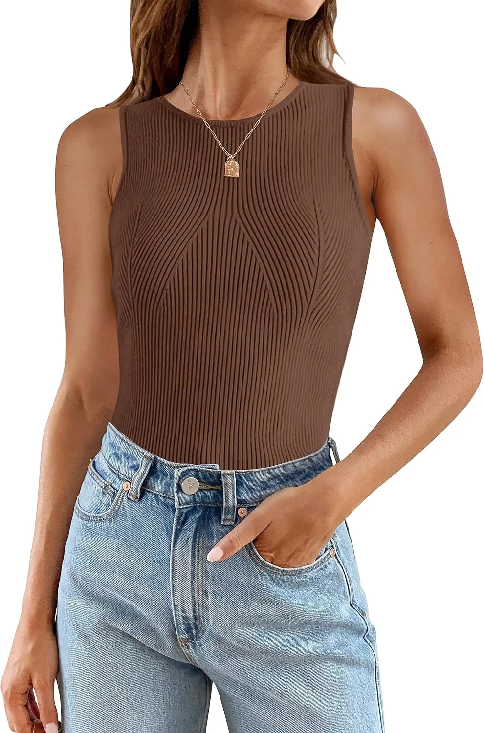 ZESICA Womens 2025 Ribbed Tank Tops Summer Sleeveless High Neck Casual Slim Fitted Basic Knit Shirts