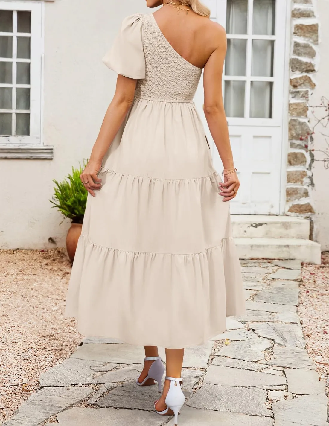 ZESICA Women's Boho Summer One Shoulder Short Sleeve Smocked Side Split Ruffle Swing Midi Dress