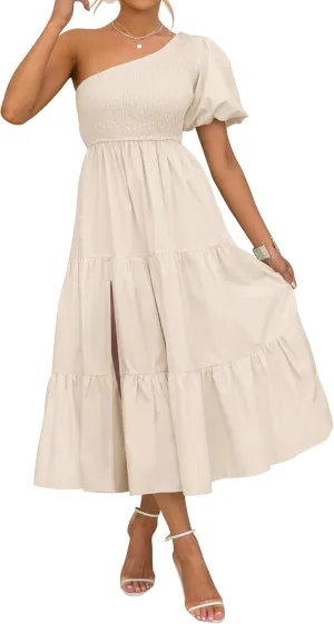 ZESICA Women's Boho Summer One Shoulder Short Sleeve Smocked Side Split Ruffle Swing Midi Dress