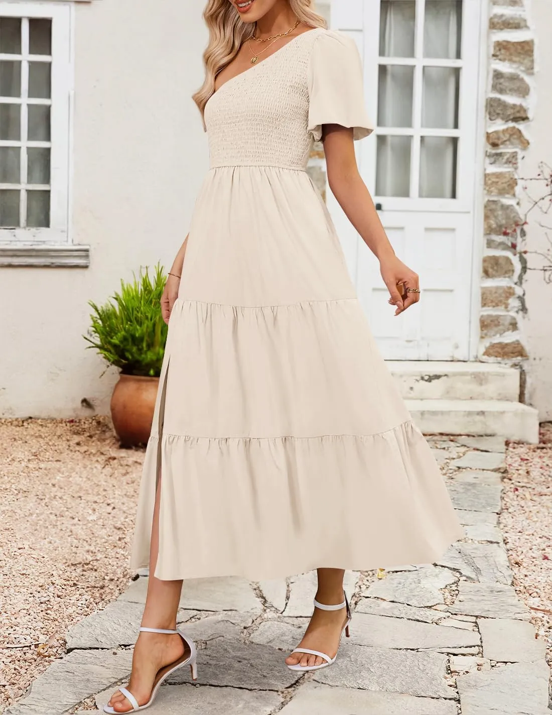 ZESICA Women's Boho Summer One Shoulder Short Sleeve Smocked Side Split Ruffle Swing Midi Dress