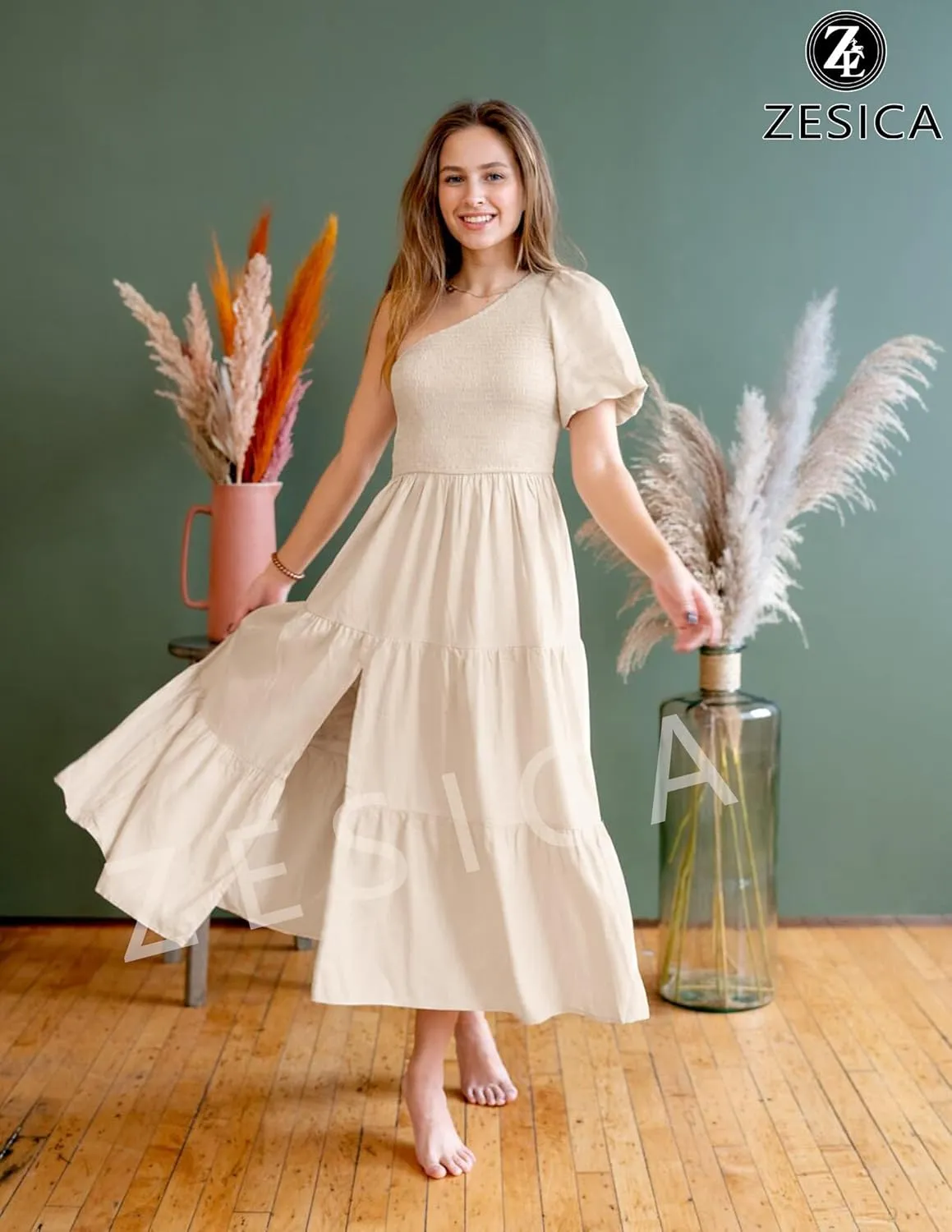 ZESICA Women's Boho Summer One Shoulder Short Sleeve Smocked Side Split Ruffle Swing Midi Dress