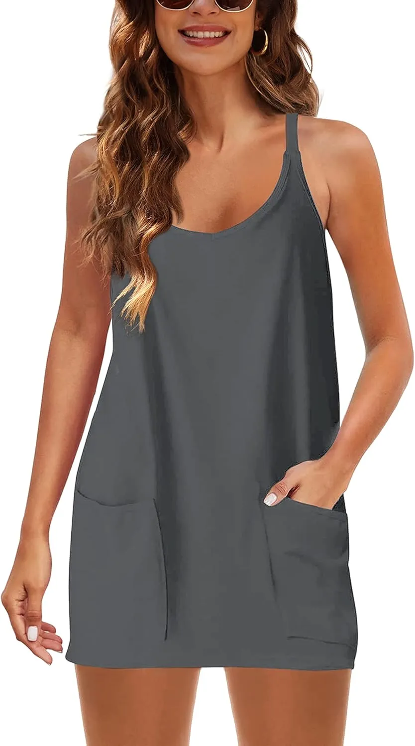 Zhiyouni Women's Summer Sleeveless Mini Dress V Neck Spaghetti Straps Athletic Built-in Shorts Sundress