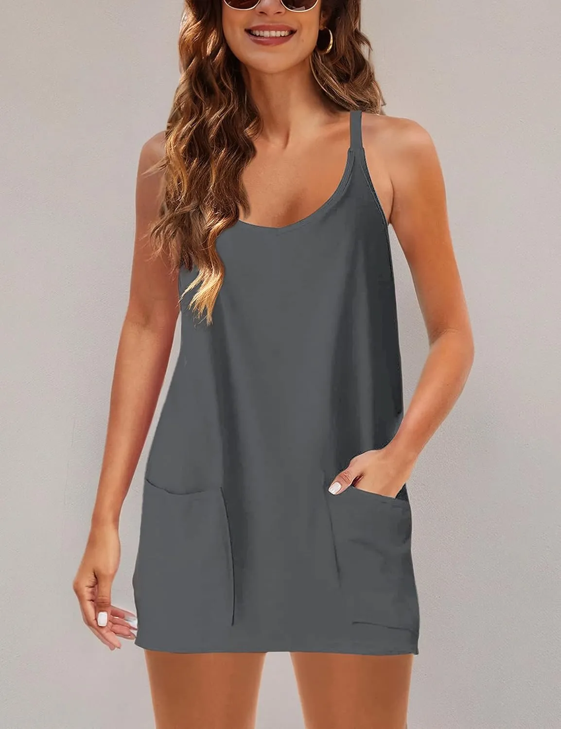 Zhiyouni Women's Summer Sleeveless Mini Dress V Neck Spaghetti Straps Athletic Built-in Shorts Sundress
