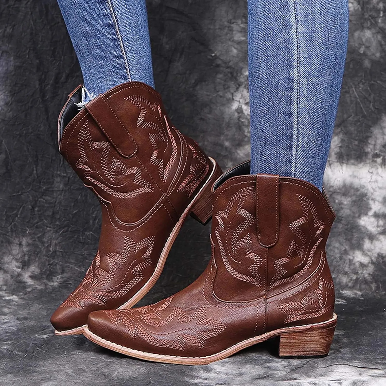 ZHOUYF Western Cowboy Boots for Women Fashion Embroidery Pointed-Toe Ankle Boots Pull-on Non-Slip Chunky Heel Wedding Booties
