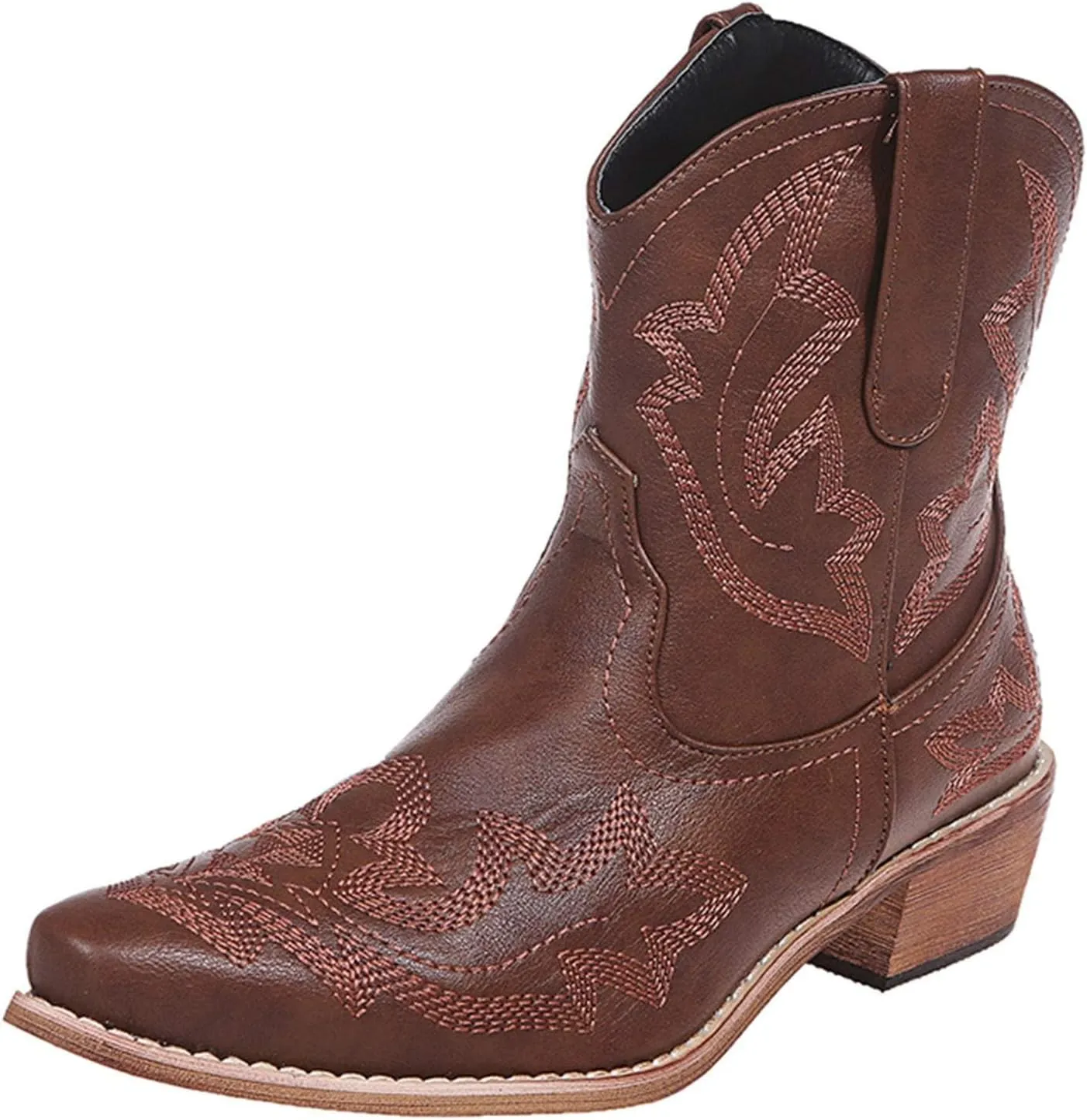 ZHOUYF Western Cowboy Boots for Women Fashion Embroidery Pointed-Toe Ankle Boots Pull-on Non-Slip Chunky Heel Wedding Booties