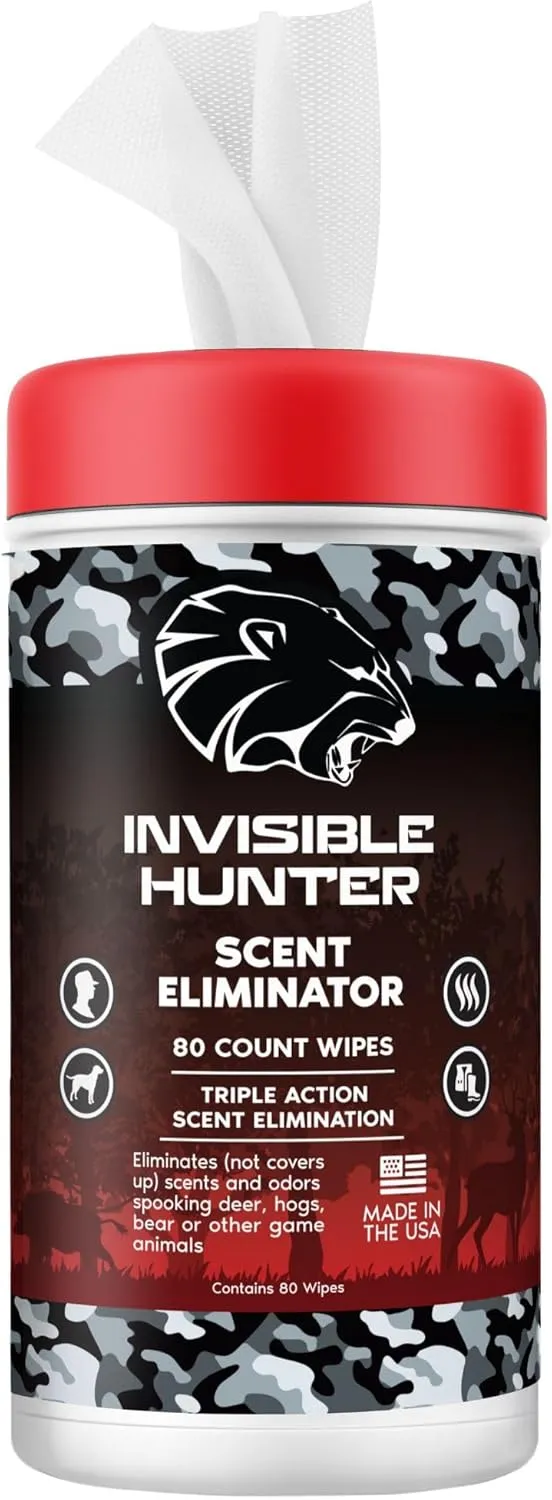Zone Protects INVISIBLE HUNTER Scent Eliminator Wipes - 80-Count, Triple Action Odor Control for Gear, Skin & Equipment, Stay Invisible in the Woods