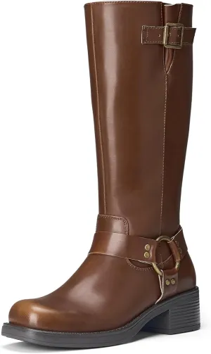 ZURIN Women's Knee High Boots Fashion Buckle Riding Boots Square Toe Chunky Block Heel Vintage Biker Motorcycle Boots for Women