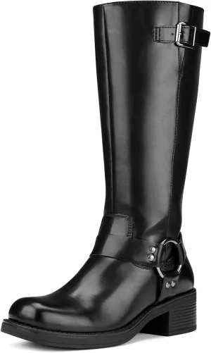 ZURIN Women's Knee High Boots Fashion Buckle Riding Boots Square Toe Chunky Block Heel Vintage Biker Motorcycle Boots for Women