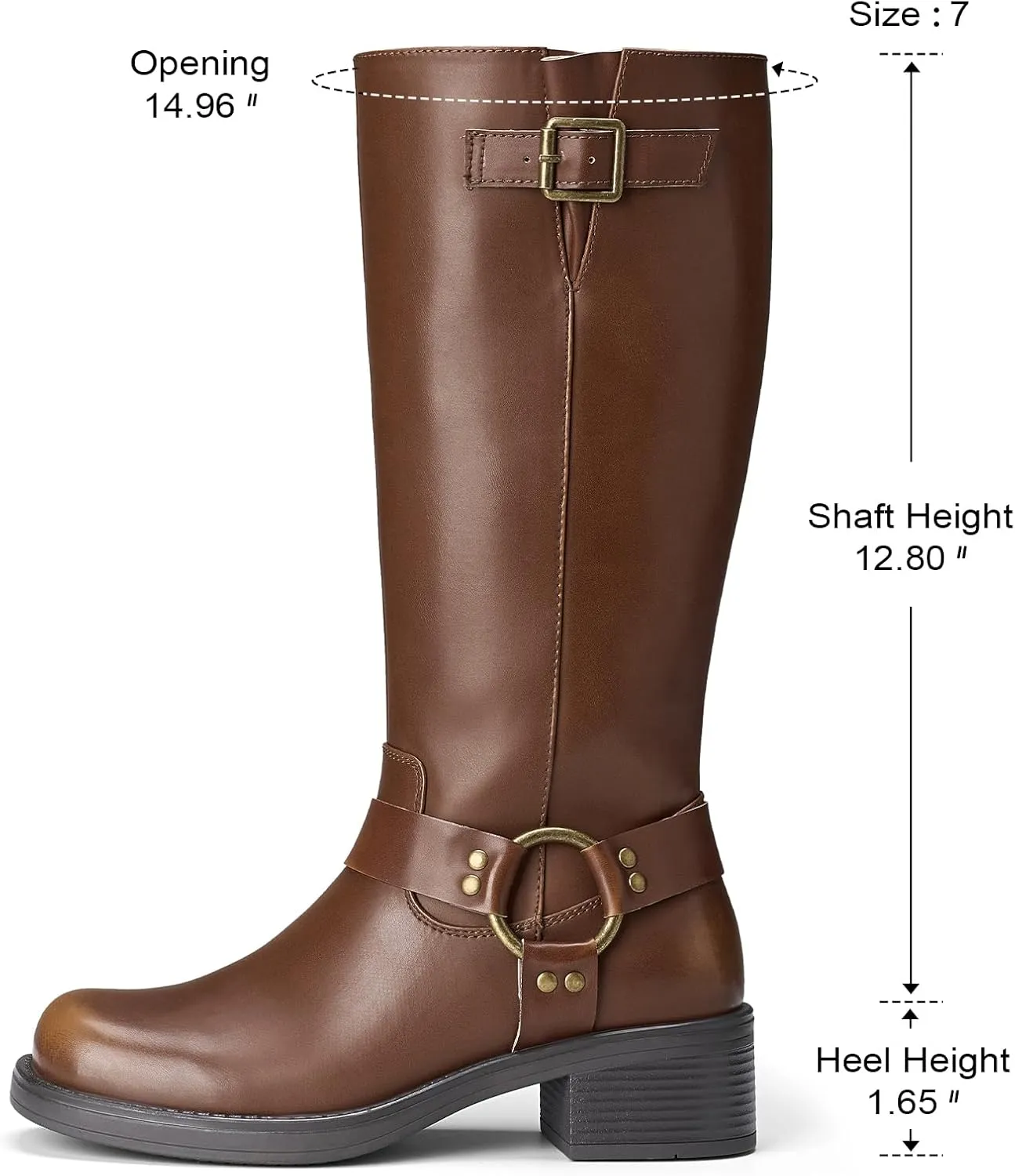 ZURIN Women's Knee High Boots Fashion Buckle Riding Boots Square Toe Chunky Block Heel Vintage Biker Motorcycle Boots for Women