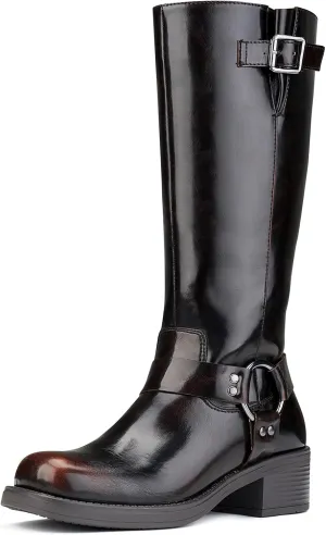 ZURIN Women's Knee High Boots Fashion Buckle Riding Boots Square Toe Chunky Block Heel Vintage Biker Motorcycle Boots for Women