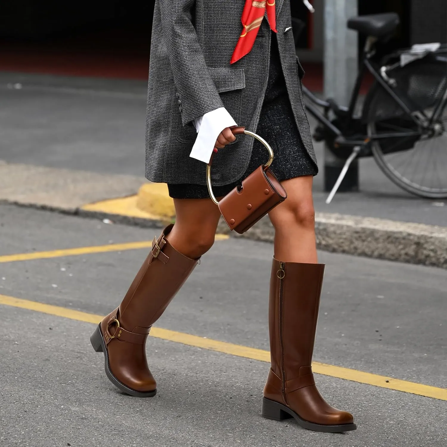 ZURIN Women's Knee High Boots Fashion Buckle Riding Boots Square Toe Chunky Block Heel Vintage Biker Motorcycle Boots for Women