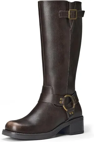 ZURIN Women's Knee High Boots Fashion Buckle Riding Boots Square Toe Chunky Block Heel Vintage Biker Motorcycle Boots for Women
